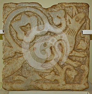 Ancient Roman visantian stone carving floor element representing fox.