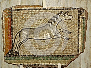 Ancient Roman visantian stone mosaic floor element representing horse. photo
