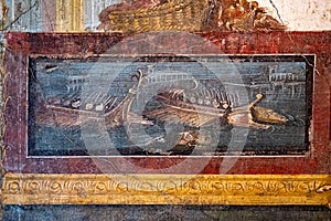 Ancient roman war ship, fresco in a house in Pompeii, destroyed by the eruption of Vesuvius in 79 BC