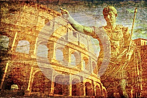 Ancient Romans Signs Background with Imperator Statue Conqueror Colosseum Old Europe Map