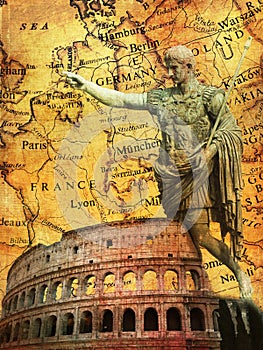 Ancient Romans Signs Background with Imperator Statue Conqueror Colosseum  Old Europe Map photo