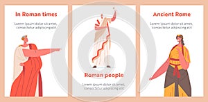 Ancient Rome Citizen Cartoon Posters. Male Female Character in Tunic and Sandals Historical Costumes, Gladiator, Orator