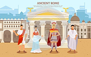 Ancient rome flat poster with person man and woman in traditional costumes vector illustration