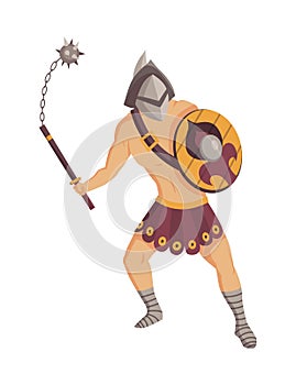 Ancient rome gladiator. Vector roman warrior character in armor with mace and shield. Flat illustration in cartoon style