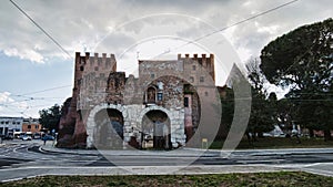 Ancient Rome landmark with majestic well preserved Porta San Paolo gate one of the southern gates of the Aurelian Walls that