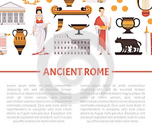 Ancient Rome Poster Design with Man and Woman in Traditional Wear and Attributes Vector Template