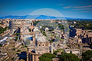 Ancient Rome Ruins Forum Colosseum view from Altar of the Fatherland Rome Italy photo