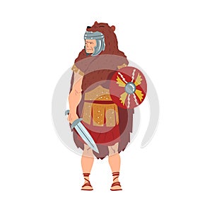 Ancient Rome Warrior, Male Roman Legionnaire or Soldier Character in Bear Skin with Sword and Shield Vector Illustration