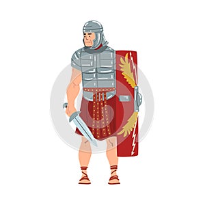 Ancient Rome Warrior, Male Roman Legionnaire or Soldier Character with Sword and Shield Vector Illustration