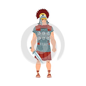 Ancient Rome Warrior, Male Roman Legionnaire or Soldier Character with Sword Vector Illustration