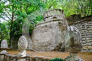 Ancient Rotunda at the famous Parco dei Mostri, also called Sacro Bosco or Giardini di Bomarzo. Monsters park. Lazio