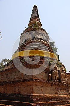 Ancient Round And Bell Shape Pagodas With Stucco Lions