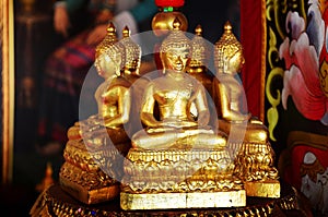 Ancient ruin buddha in antique old ubosot of Wat Ming Mueang temple for thai people traveler travel visit and respect praying