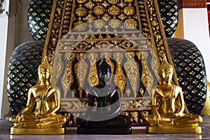 Ancient ruin buddha in antique ubosot of Wat Pa Mok Worawihan temple for thai people travelers travel visit and respect praying