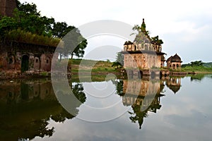 Ancient ruin temple on the lake bank, beautiful landscape, Birgarh, Satna, MP, India