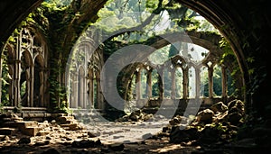 Ancient ruined abbey, Gothic arches, nature spirituality, broken cross generated by AI