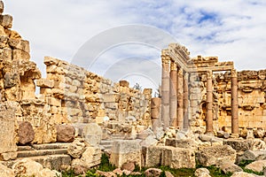 Ancient ruined walls and columns of Grand Court of Jupiter temple, Beqaa Valley, Baalbeck, Lebanon