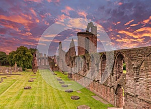 Ancient Ruins of Arbroath Abbey at Sunset in Scotland