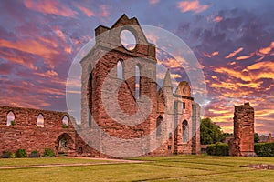 Ancient Ruins of Arbroath Abbey at Sunset in Scotland