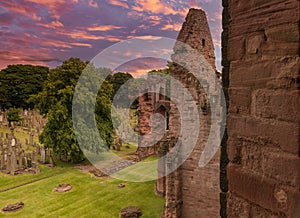 Ancient Ruins of Arbroath Abbey at Sunset in Scotland