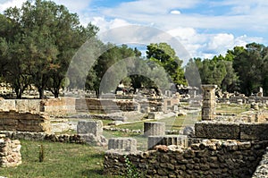 Ancient ruins of archaeological site of Olympia in Peloponnese, Greece.