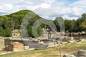 Ancient ruins of archaeological site of Olympia in Peloponnese, Greece.