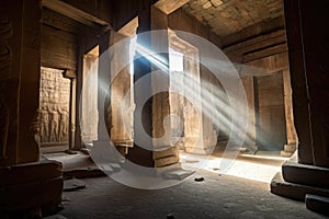 ancient ruins, with beams of sunlight shining down on the columns and walls