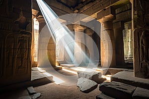 ancient ruins, with beams of sunlight shining down on the columns and walls