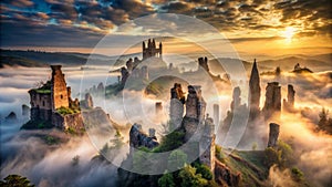 Ancient Ruins Beckoned by a Misty Dawn A Foreboding Landscape of Decay and Shadow photo