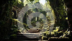 Ancient ruins blend with nature in tranquil tropical rainforest generated by AI