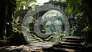 Ancient ruins blend with nature in tropical rainforest adventure generated by AI