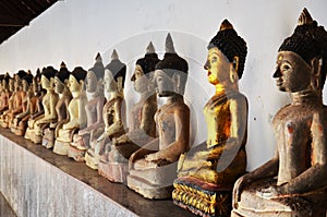 Ancient ruins buddha statue in antique building ubosot for thai people foreign travelers travel visit and respect praying blessing