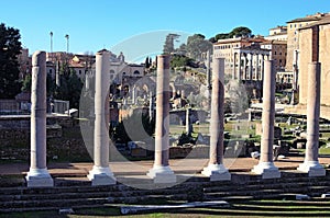 Ancient ruins and columns in Roman Forum. Rome, Italy
