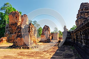 Ancient ruins in East Mebon, a historical monument of Cambodia