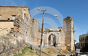 Ancient ruins of the first prisons in Santo Domingo, early 16th century. Arches, columns and walls of brick  in sun