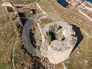 Ancient ruins of fortress tower aerial view. Old archeology building in Europe