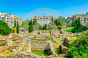 Ancient ruins in front of ministry of Macedonia - Thrace in Thessaloniki, Greece