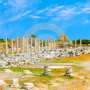 ancient ruins of goddess chance Tyche temple Roman Empire, Side, Turkey, travel background