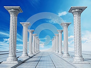 Ancient ruins of Greek pillars against blue sky. 3D illustration