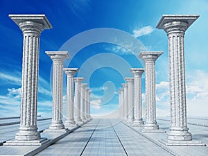 Ancient ruins of Greek pillars against blue sky. 3D illustration photo