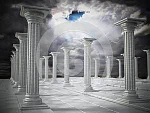 Ancient ruins of Greek pillars against overcast sky. 3D illustration