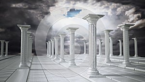 Ancient ruins of Greek pillars against overcast sky. 3D illustration