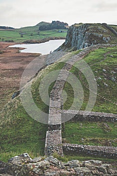 Ancient Ruins of Hadrian`s Wall in Northumberland