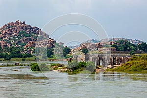 Ancient ruins in Hampi near Tungabhadra river, Hampi, Karnataka, India