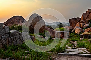 Ancient ruins of Hampi on sunset. India