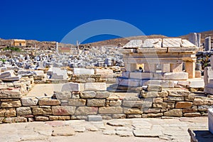 Ancient ruins in the island of Delos in Cyclades, one of the most important mythological, historical and archaeological sites.