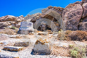 Ancient ruins in the island of Delos in Cyclades, one of the most important mythological, historical and archaeological sites.