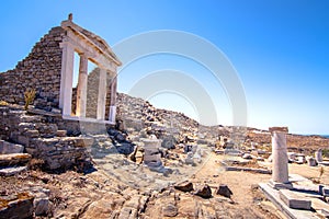 Ancient ruins in the island of Delos in Cyclades, one of the most important mythological, historical and archaeological sites.