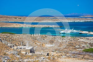 Ancient ruins in the island of Delos in Cyclades, one of the most important mythological, historical and archaeological sites.