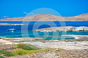 Ancient ruins in the island of Delos in Cyclades, one of the most important mythological, historical and archaeological sites.